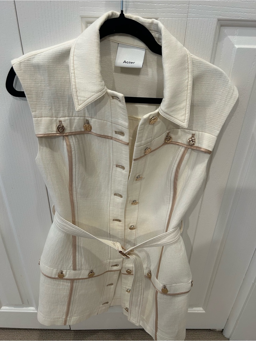 Acler Cream Sleeveless Textured Belted Vest with Gold Buttons